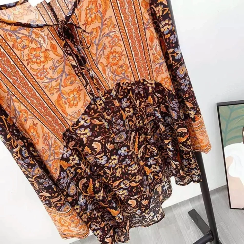 Rust Bohemian Floral Button Neck 3/4 Sleeve Blouse Top w/ Tie - Picture 4 of 4
